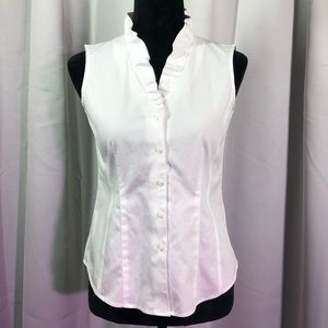 Brooks Brothers White Button Down Sleeveless Ruffled Peter Pan Collar Fitted 2